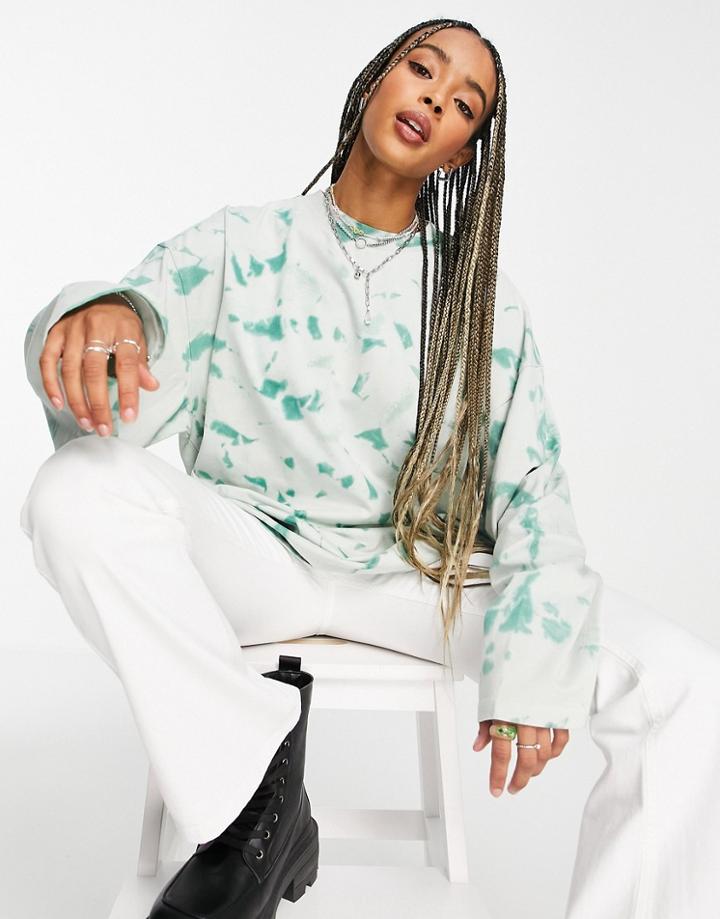 Topshop Long Sleeve Waves Tie Dye Skater T-shirt In Green