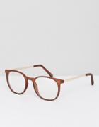 Asos Round Glasses In Matt Brown With Clear Lens - Brown
