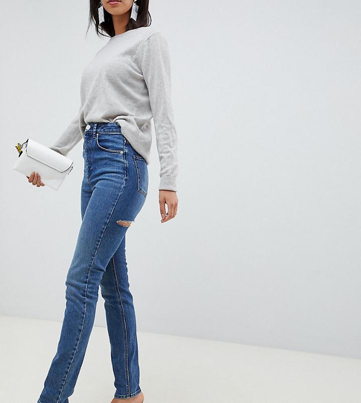 Asos Design Tall Farleigh High Waist Slim Mom Jeans In Dark Stone Wash With Bum Rips - Blue