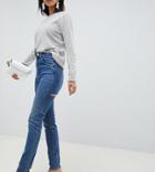 Asos Design Tall Farleigh High Waist Slim Mom Jeans In Dark Stone Wash With Bum Rips - Blue