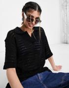 Weekday Crochet Knit Polo Top In Black