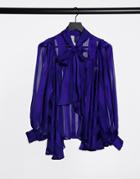 Y.a.s Sheer Shirt With Pussybow In Cobalt Blue