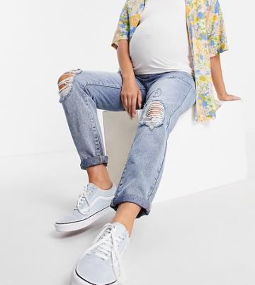 Urban Bliss Maternity Ripped Mom Jean In Mid Wash-blues