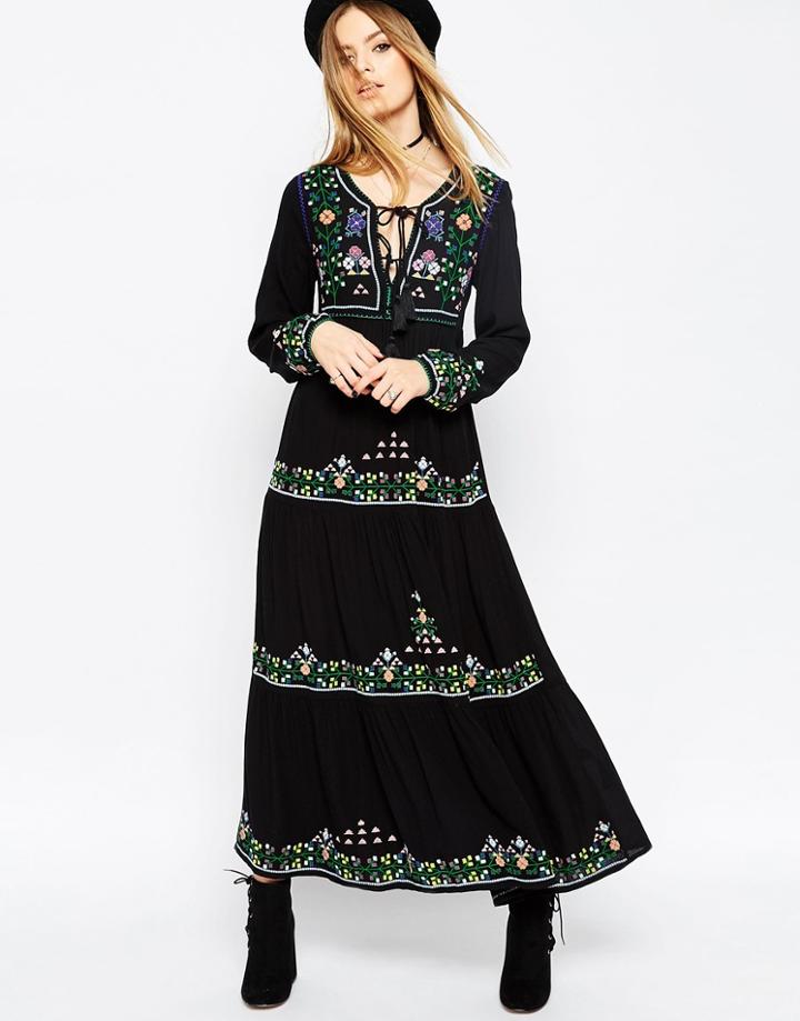 Asos Premium Embroidered Tassel Maxi Dress - Black