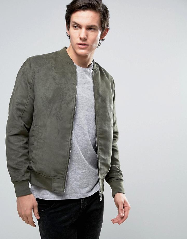 Jack & Jones Originals Faux Suede Bomber Jacket - Green