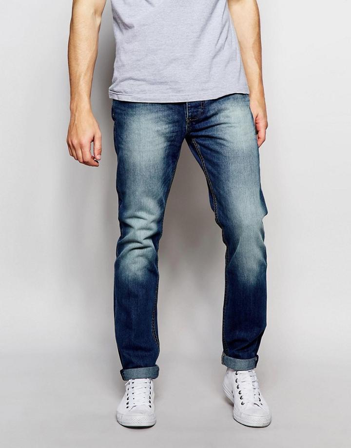 Bellfield Slim Fit Jeans With Heavy Wash Detail - Blue