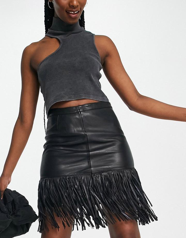 Barney's Originals Real Leather Fringed Skirt-black