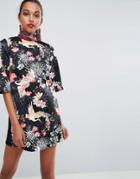 Asos High Neck Black Base Floral Mini Shift Dress - Multi