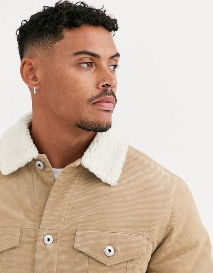 Bershka Fleece Lined Cord Trucker Jacket In Beige