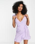 River Island Ruffle Shoulder Wrap Mini Dress In Purple