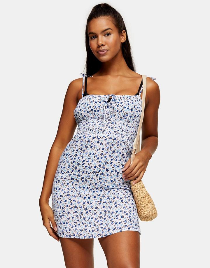 Topshop Ruched Ditsy Mini Beach Dress In Blue-blues
