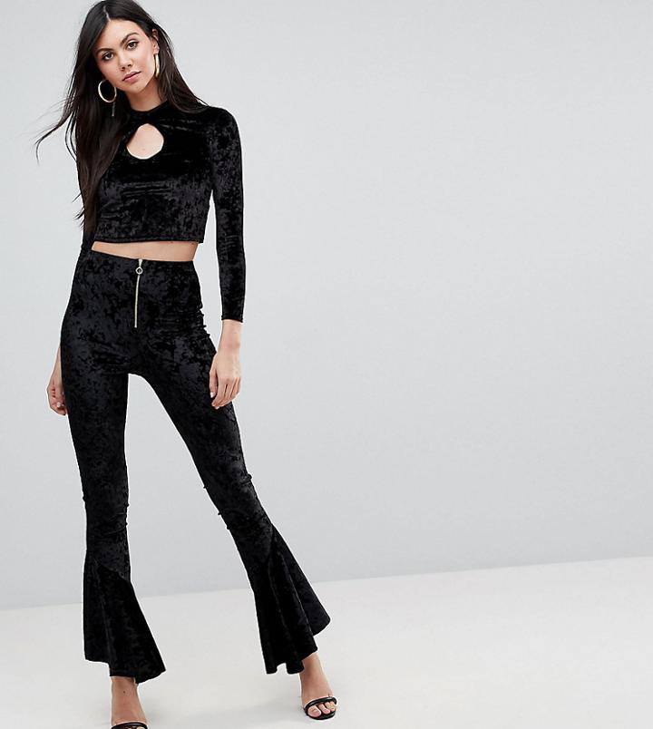 Flounce London Tall Crushed Velvet Legging With Ruffle Hem - Black