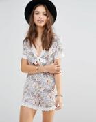 Young Bohemians Romper With Tie Front And Lace Trim Hems - Multi