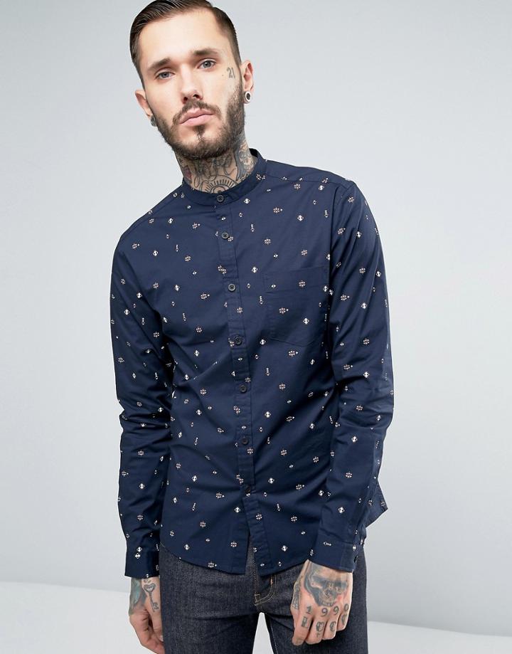 Asos Regular Fit Shirt With Grandad Collar And Geo-tribal Print - Navy