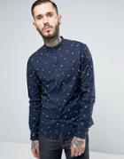 Asos Regular Fit Shirt With Grandad Collar And Geo-tribal Print - Navy