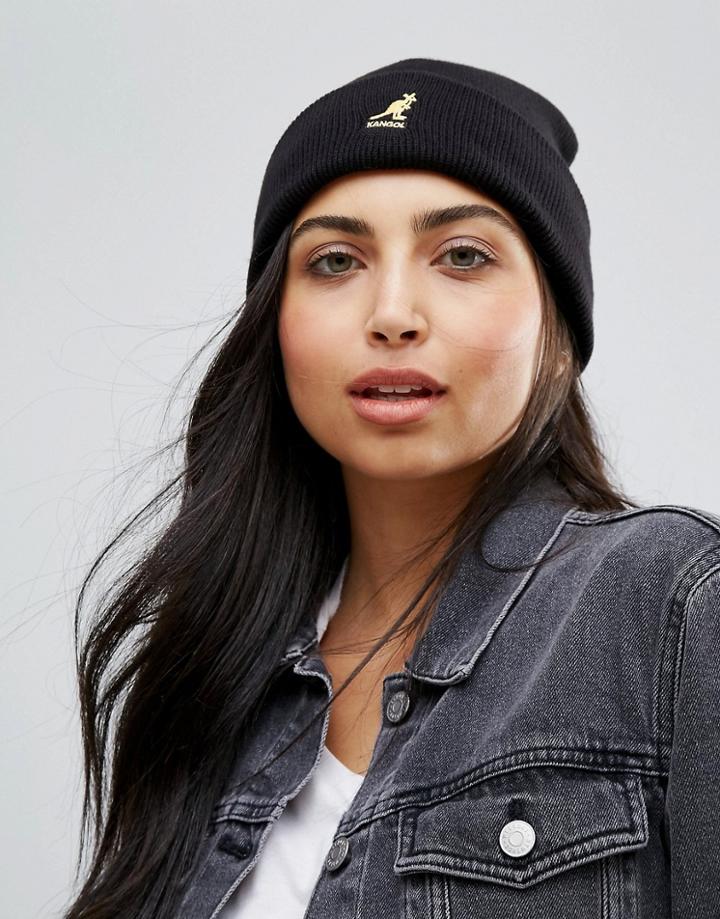 Kangol Logo Ribbed Beanie Hat In Black - Black