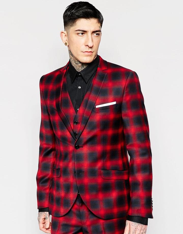 Heart & Dagger Ombre Check Suit Jacket In Super Skinny Fit - Red