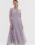 Asos Design Midi Dress With Long Sleeve And Lace Paneled Bodice - Purple