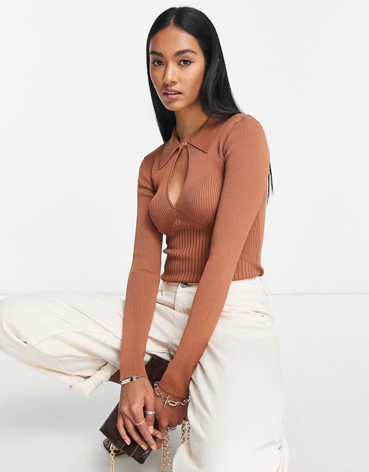 River Island Cut Out Knit Polo Top In Brown