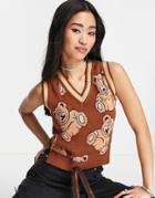 Monki Relaxed Sweater Vest With Contrast Tipping In All Over Bear Knit-brown