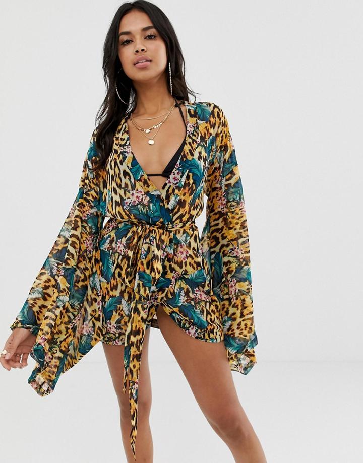 Asos Design Chiffon Kimono With Exaggerated Sleeve In Tropical Animal Print - Multi