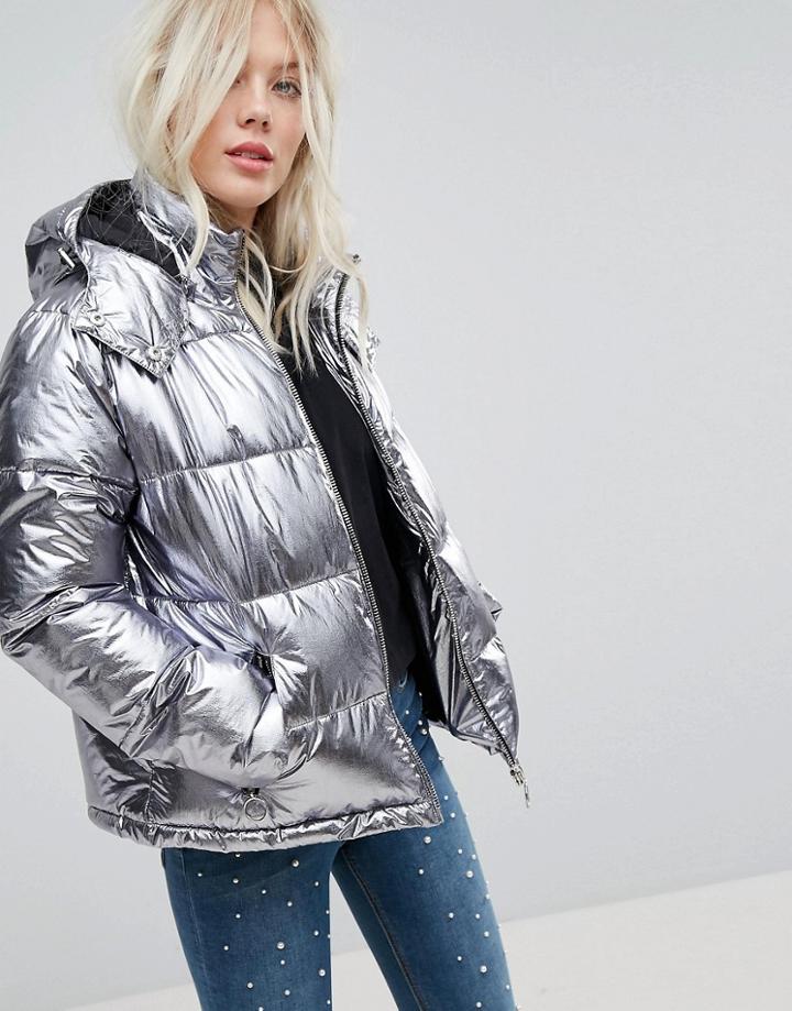 Miss Selfridge Metallic Padded Jacket - Silver