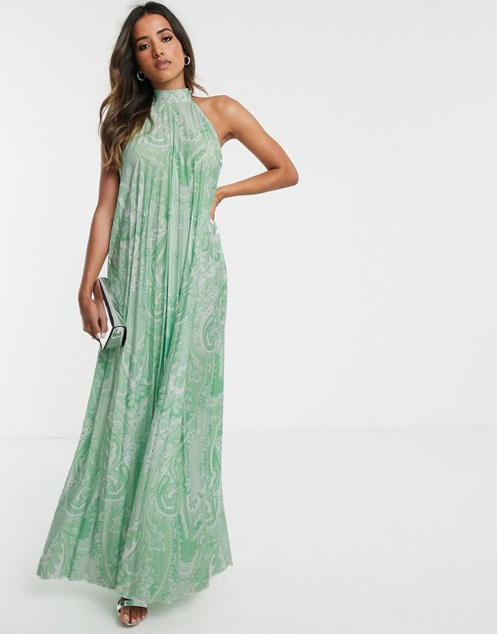 Asos Design Vanessa Backless Halter Pleated Maxi Dress In Paisley-multi