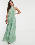Asos Design Vanessa Backless Halter Pleated Maxi Dress In Paisley-multi