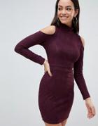 Ax Paris Cold Shoulder Long Sleeve Bodycon Dress - Purple