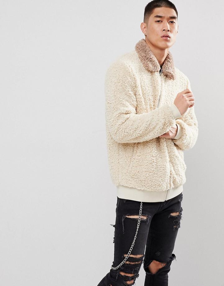 Asos Harrington Jacket In Borg With Contrast Collar In Beige - Beige