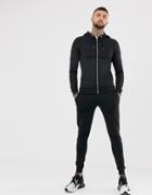 Asos Design Retro Track Tracksuit Zip Up Muscle Hoodie/skinny Joggers In Black - Black