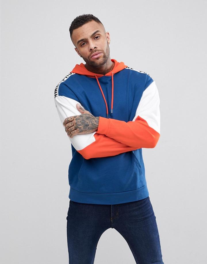 Asos Oversized Hoodie With Cut & Sew Text Taping - Blue