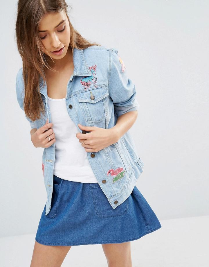 Liquor And Poker Badge Boyfriend Denim Jacket - Blue