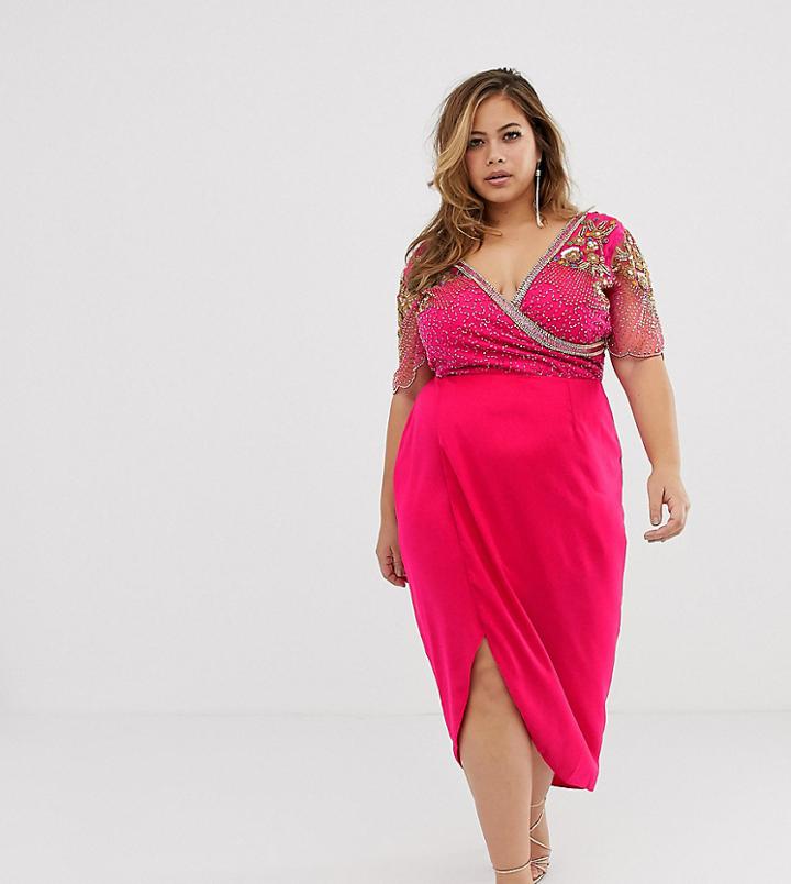 Virgos Lounge Plus Embellished Wrap Front Midi Pencil Dress In Pink - Pink