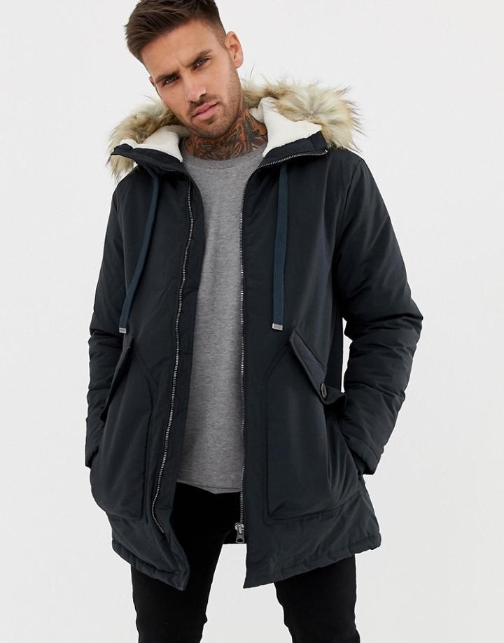 Pull & Bear Fleece Lined Parka In Blue - Blue