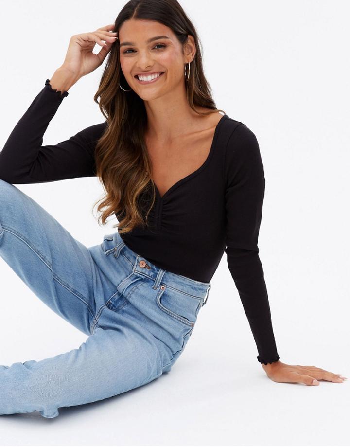 New Look Sweetheart Neck Long Sleeve Top In Black