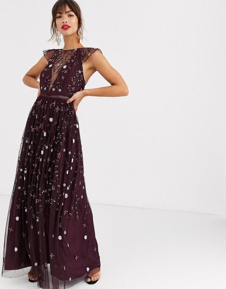 Asos Design Pretty Embroidered Floral And Sequin Mesh Maxi Dress