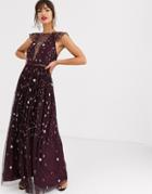 Asos Design Pretty Embroidered Floral And Sequin Mesh Maxi Dress