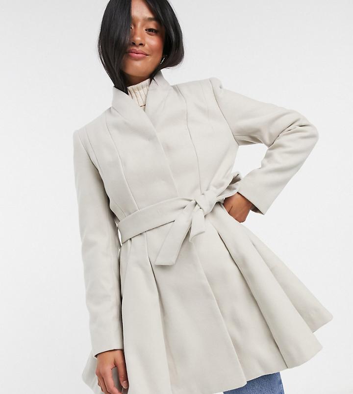 Asos Design Petite Belted Skater Coat In Stone-neutral