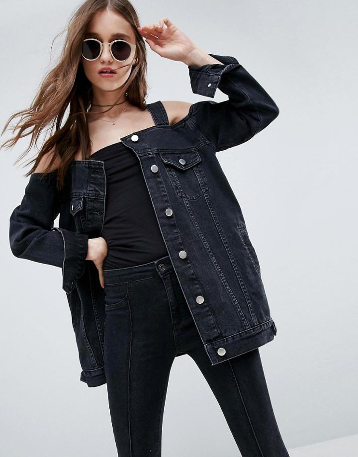 Asos Denim Off Shoulder Jacket In Washed Black - Black