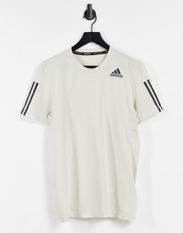 Adidas Training Aeroready 3 Stripe Tech T-shirt In Stone-neutral