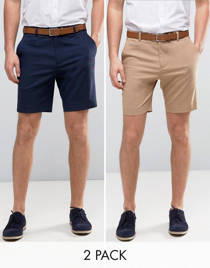 Asos 2 Pack Tailored Slim Shorts In Navy & Stone Save - Multi