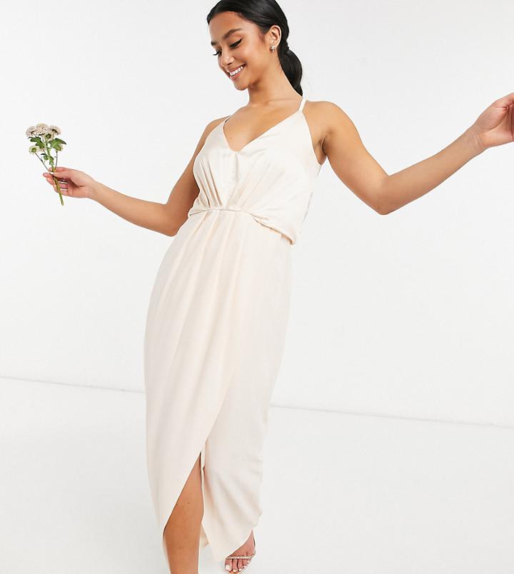 Tfnc Petite Bridesmaid Satin Halterneck Top Maxi Dress In Light Blush-white