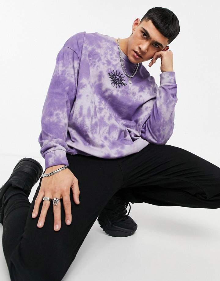 Asos Design Oversized Long Sleeve T-shirt In Purple Tie Dye Wash With Embroidery