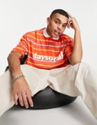 Asos Daysocial Oversized Polo Shirt With Logo Print In Orange Stripe