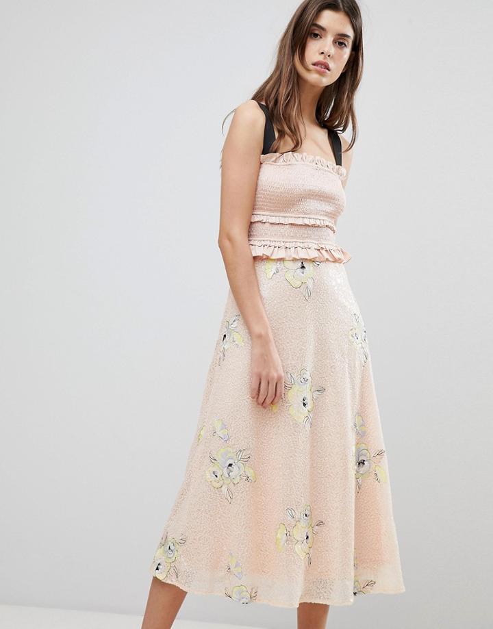 Three Floor Midi Dress With Frill Detail - Pink