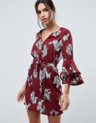 Parisian Floral Dress With Flare Sleeve And Tie Waist - Red