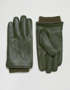 Barneys Khaki Leather Gloves With Cuff Details - Green