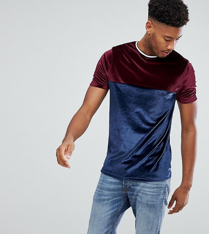 Asos Tall T-shirt In Velour With Contrast Yoke And Tipping - Navy