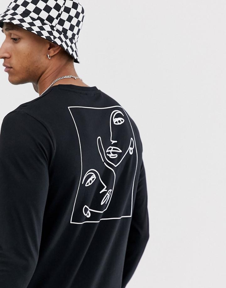 Asos Design Long Sleeve T-shirt With Face Sketch Print-black
